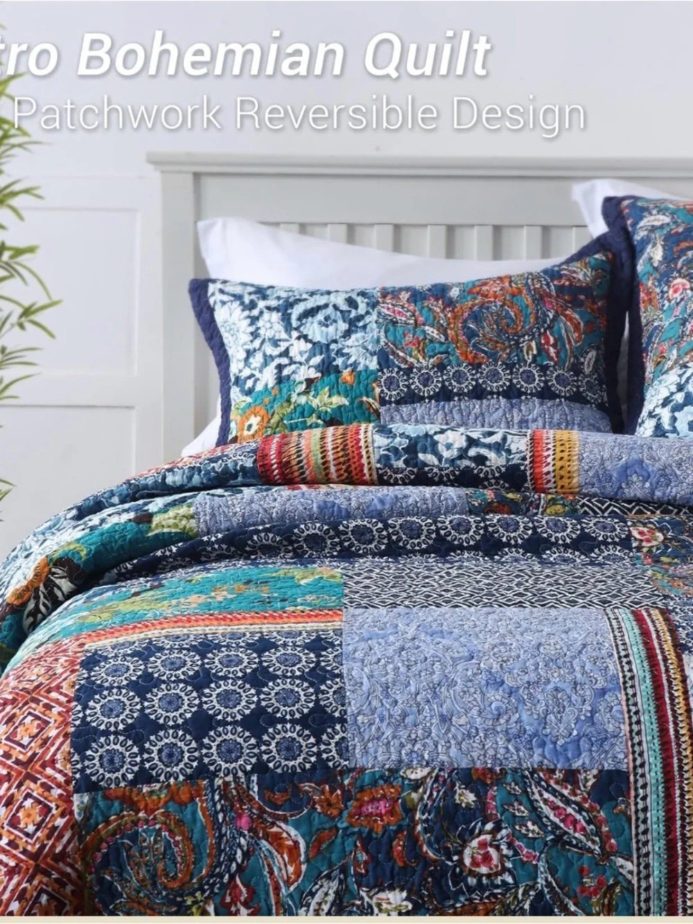 Floral Patchwork Quilted Bedspread Set - Navy Blue Multicolor